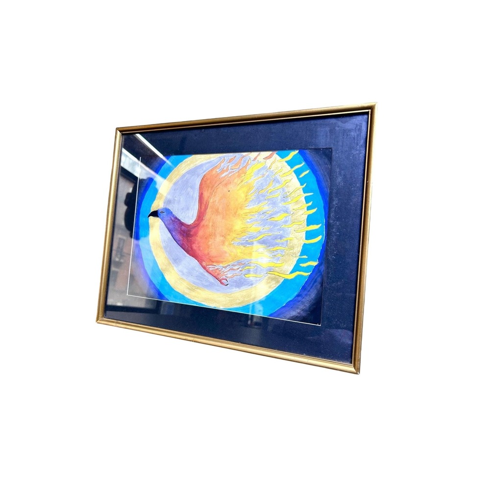 Original Framed Phoenix Bird Painting Celestial Outsider Folk Art 15"‎